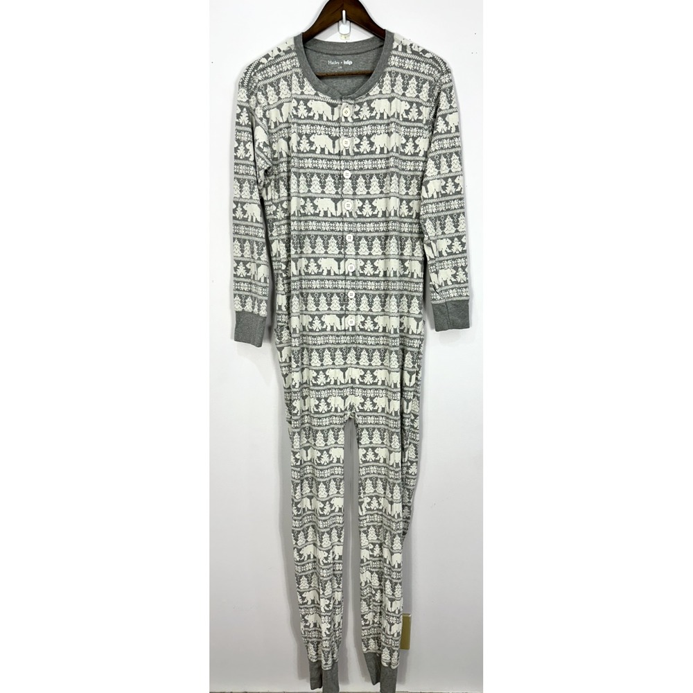 Hatley X Indigo One Piece Pajamas Womens Large Gray Polar Bear Nordic Trap Door